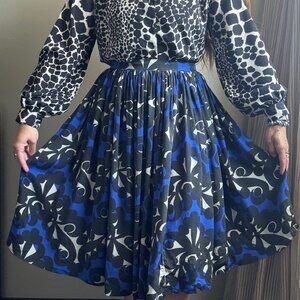 Vintage Skirt Handmade Blue Black White Silk Pleated Circle Skirt| Size Small